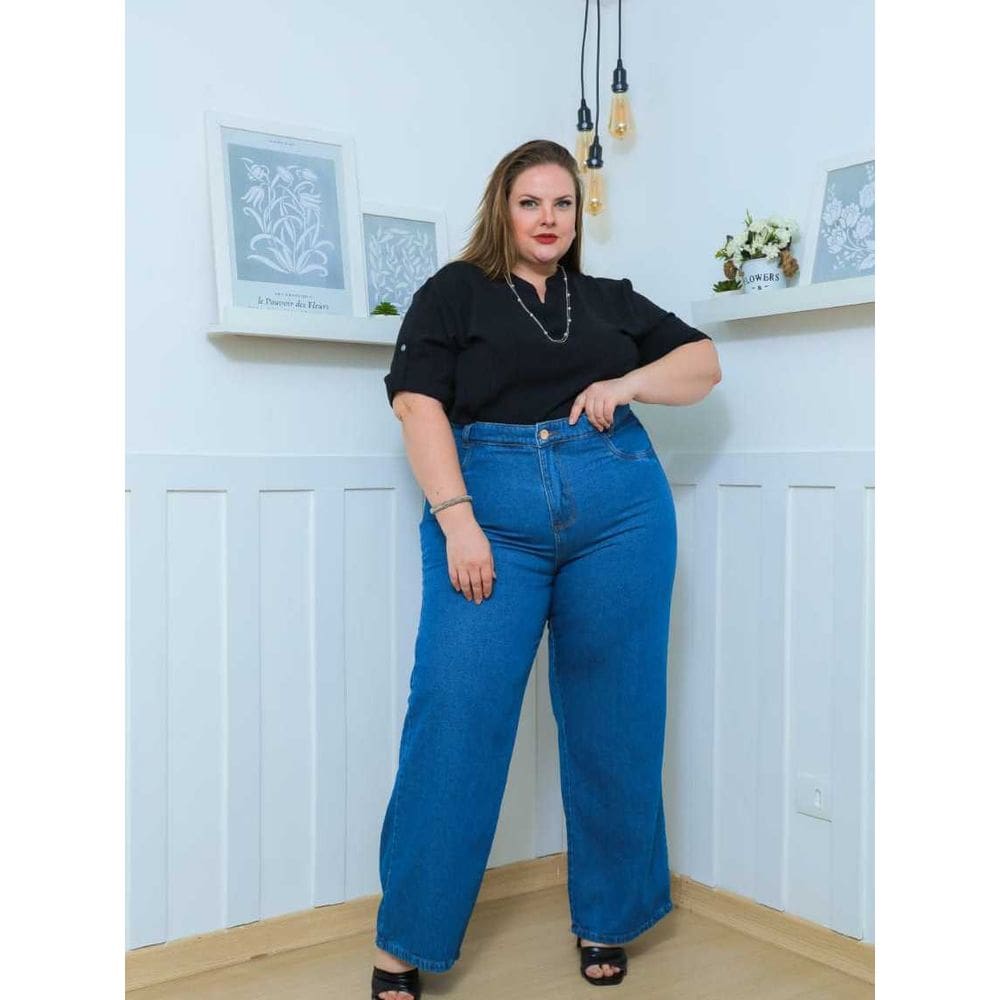 Calça Jeans Feminina Plus Size Azul Royal Wideleg Cintura Alta