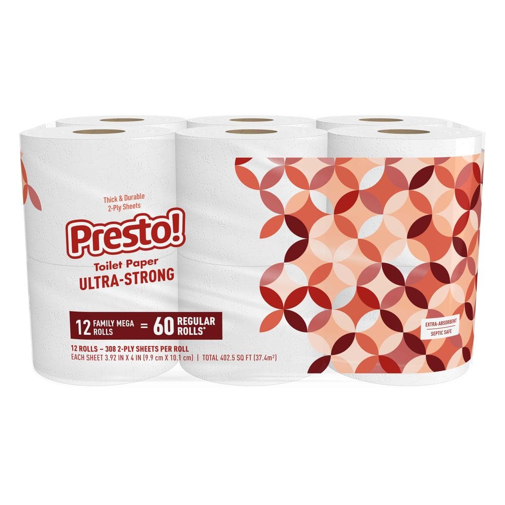 Papel Higiénico Presto! Ultra Resistente de 2 Capas, 12 Rollo Mega