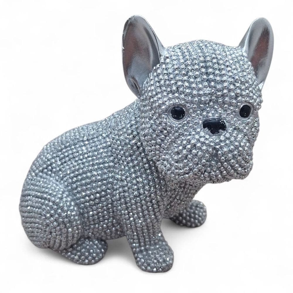 Enfeite Cachorro Buldogue Prata Brilhante Sentado 11 cm