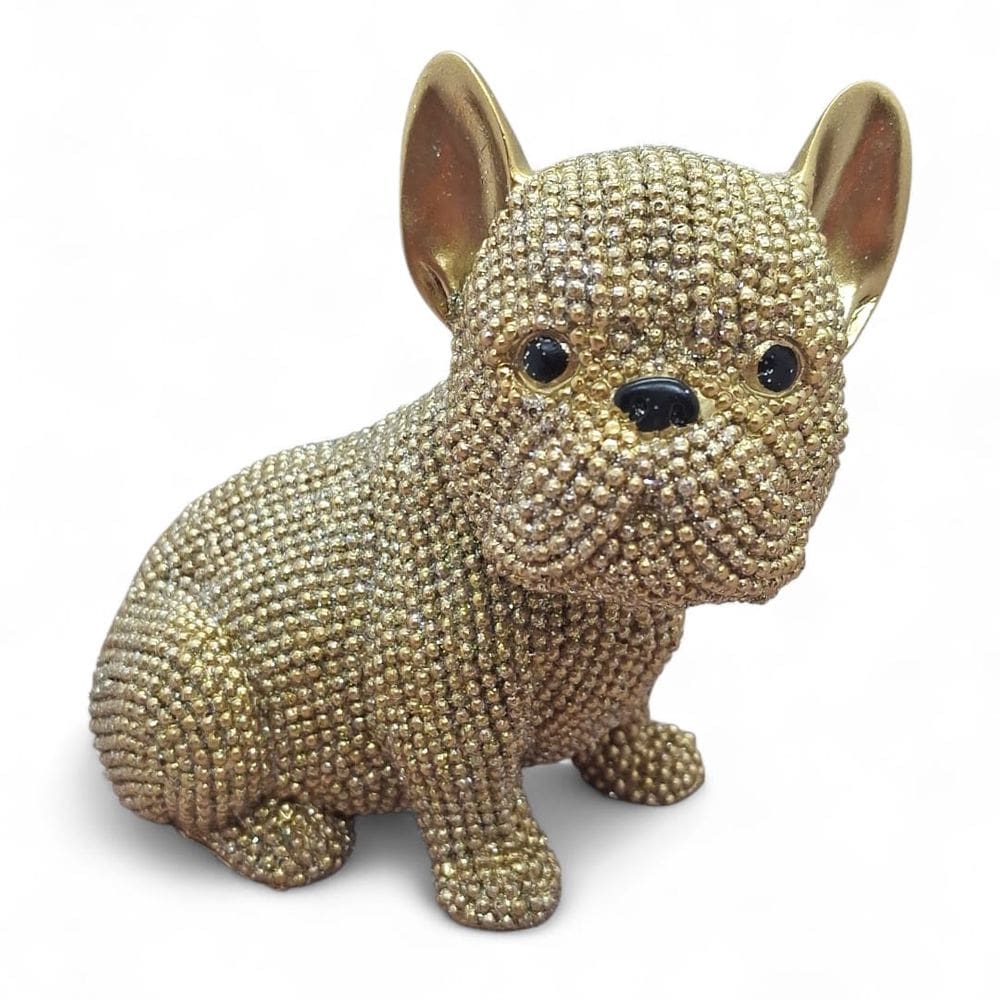Enfeite Cachorro Buldogue Brilhante Dourado Sentado 11 cm