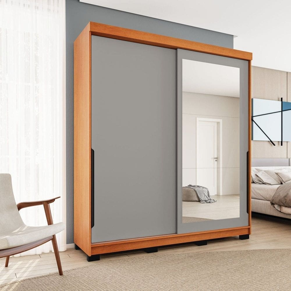 Guarda-roupa 2 Portas Correr com Espelho Madrid Cinza/Freijó