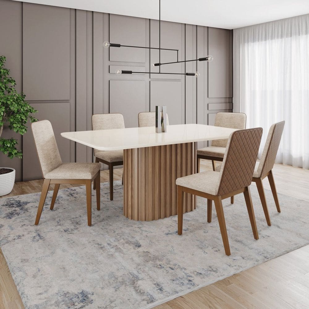 Conjunto Mesa Solana 160cm com Vidro 06 Cadeiras Pietra Marrom/Off White/Caramelo/Creme