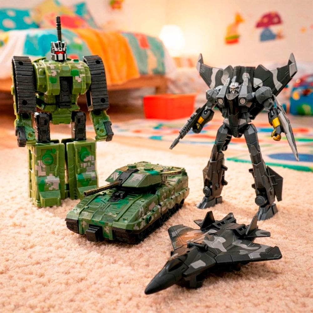 Brinquedo Boneco Robô Transforma Em Veiculo Militar Kit 2pçs