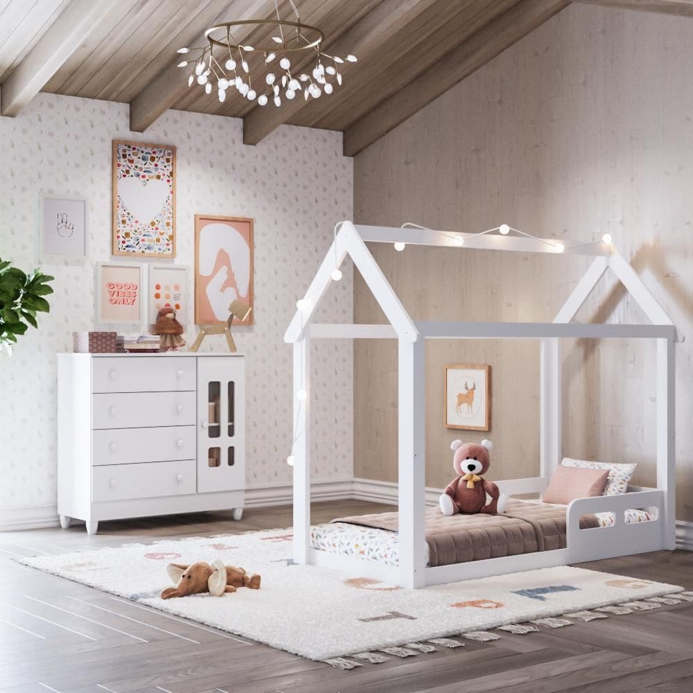 Quarto Bebê Montessoriano Analu Cama Casinha Cômoda 4 Gavetas 1 Porta Ariel 100% MDF