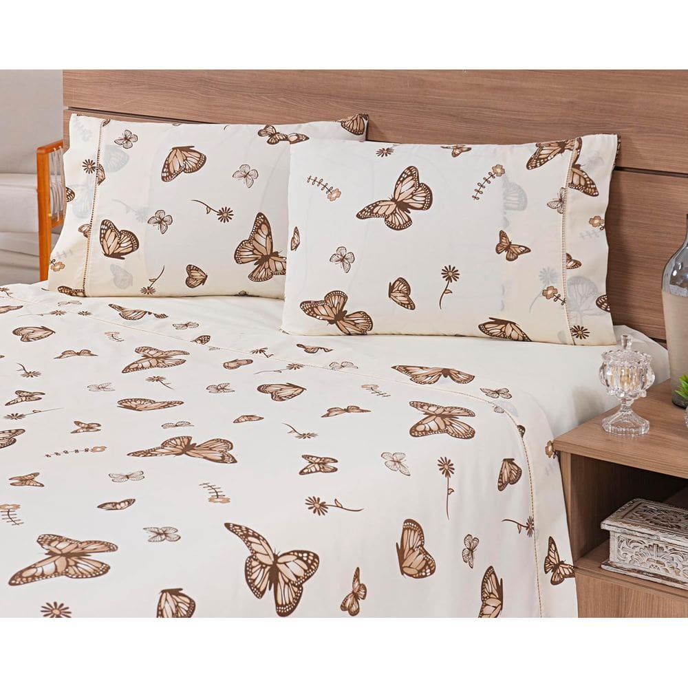 Jogo Lençol Viúva 4 Peças 188x128x25 100% Algodão 180 Fios Estampado Borboletas Cáqui Fundo Palha