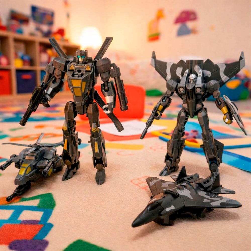 Brinquedo Boneco Robô Militar Transforma Aeronave Kit 2pçs