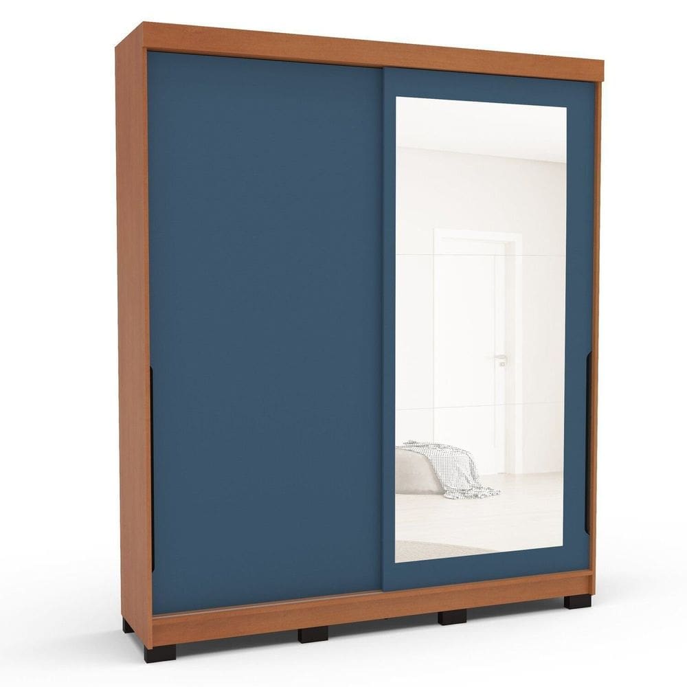 Guarda-roupa 2 Portas Correr com Espelho Madrid Azul/Freijó