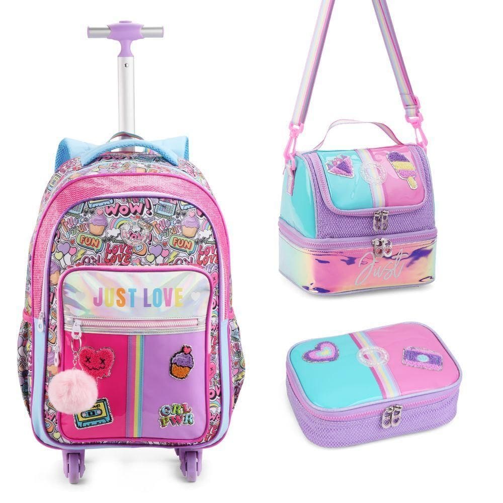 Kit Mochila De Rodinhas + Lancheira + Estojo Just Love Rainbow Chaveiro Denlex