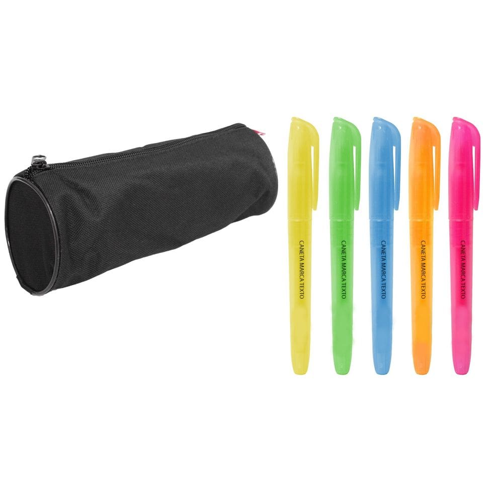 Kit Estojo Escolar Preto Redondo com 5 Marca Texto Neon