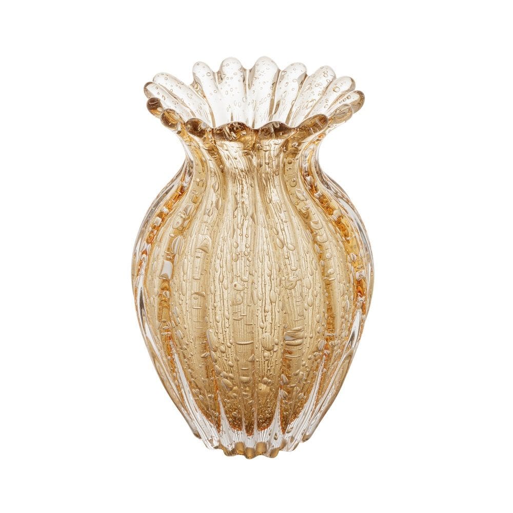 Vaso Decorativo de Vidro Murano Canelado Boleado Italy Âmbar 23,5x15,5cm Lyor