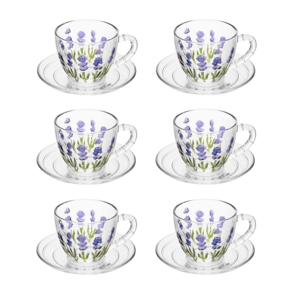 Cj 6 Xícaras P/Café C/Pires de Cristal Lavanda Hand Painting 80ml Lyor