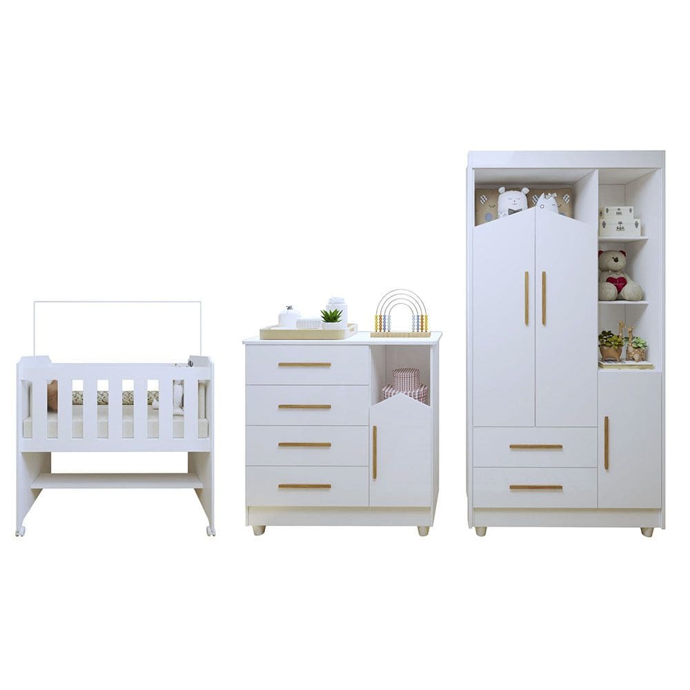 Quarto de Bebe Completo 100 MDF com Guarda-Roupa, Comoda e Mini Berco Estelar Tigus Baby