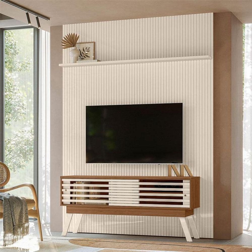 Painel Piso Teto New Interlagos Com Rack Bancada Frizz 1.5 New Premium Naturale Off White - Madetec