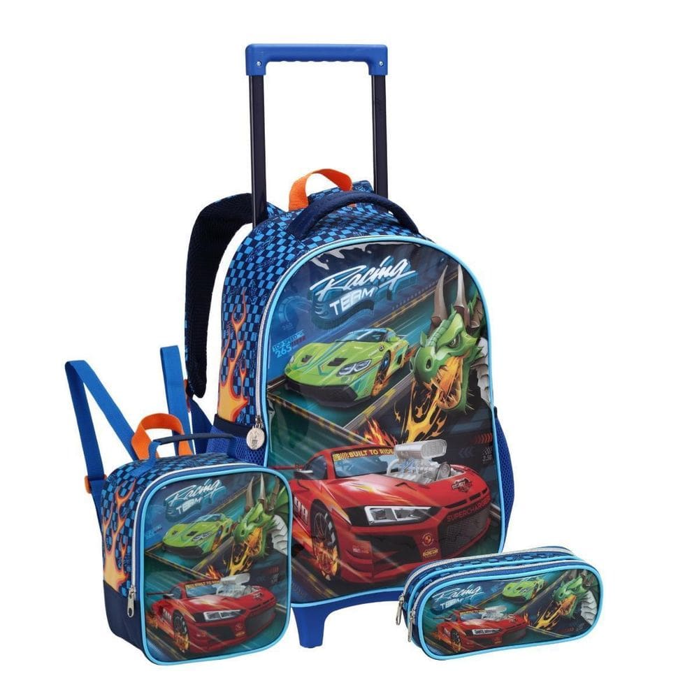 Kit Mochila Rodas 17 Carro Racing Lancheira Térmica Estojo