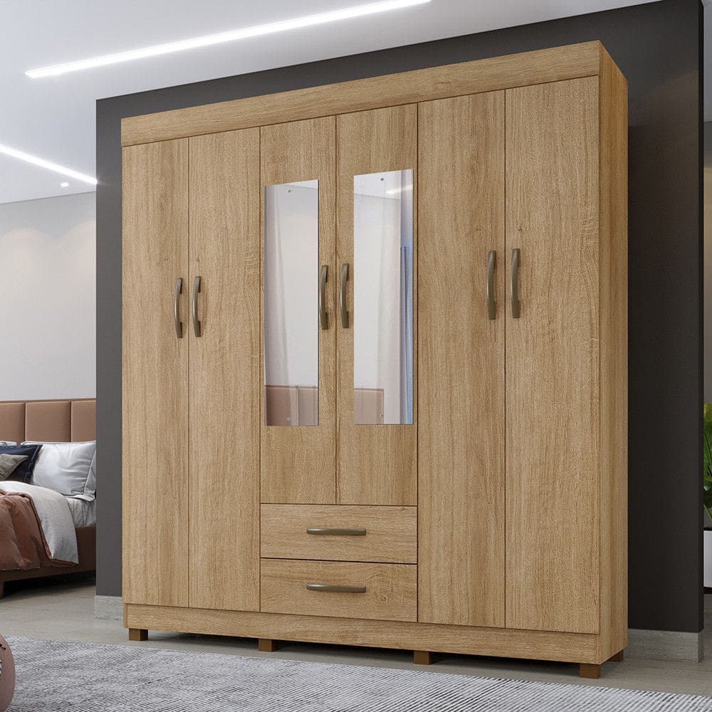 Roupeiro Copacabana Canela 6 Portas Com Espelho Benetil Moveis