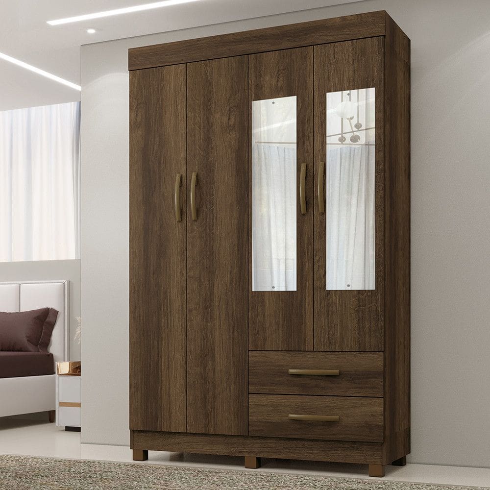 Roupeiro Copacabana Imbuia 4 Portas Com Espelho Benetil Moveis