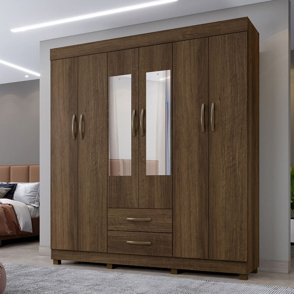 Roupeiro Copacabana Imbuia 6 Portas Com Espelho Benetil Moveis