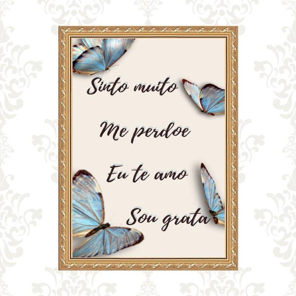 Quadro Moldura Dourada Hoponopono Borboletas 24X18Cm
