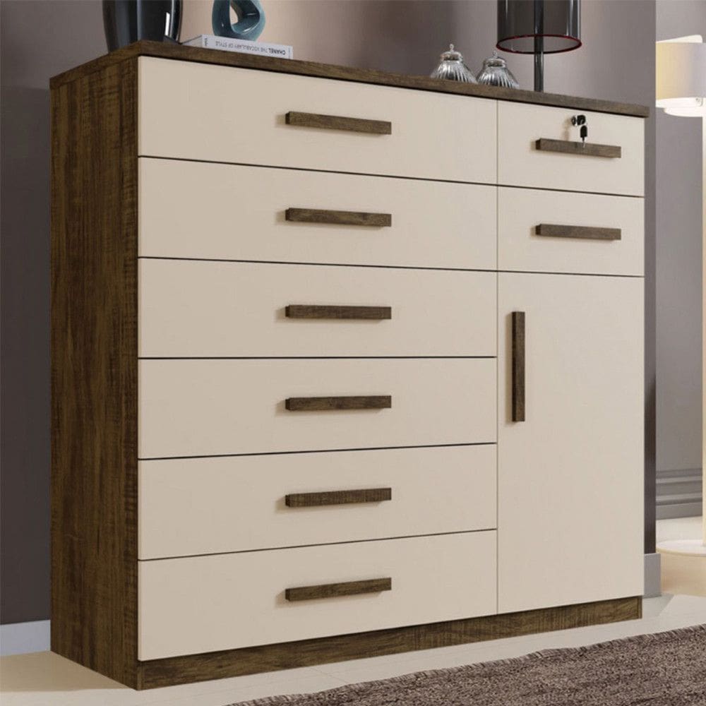 Comoda Vitoria 1 Porta e 8 Gavetas Plus com Escala De Brilho em Fosco Benetil