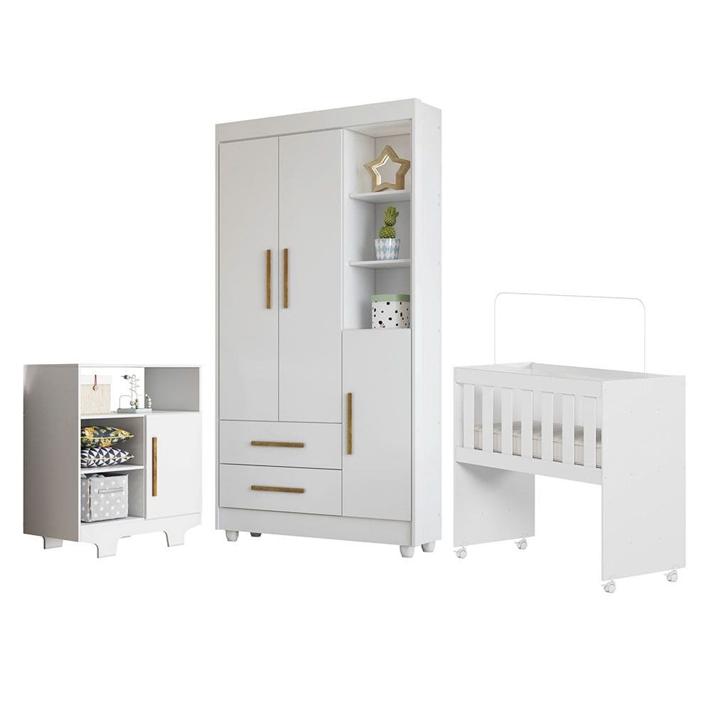 Quarto de Bebe Completo com Guarda-Roupa, Berco e Comoda Encantado Tigus Baby