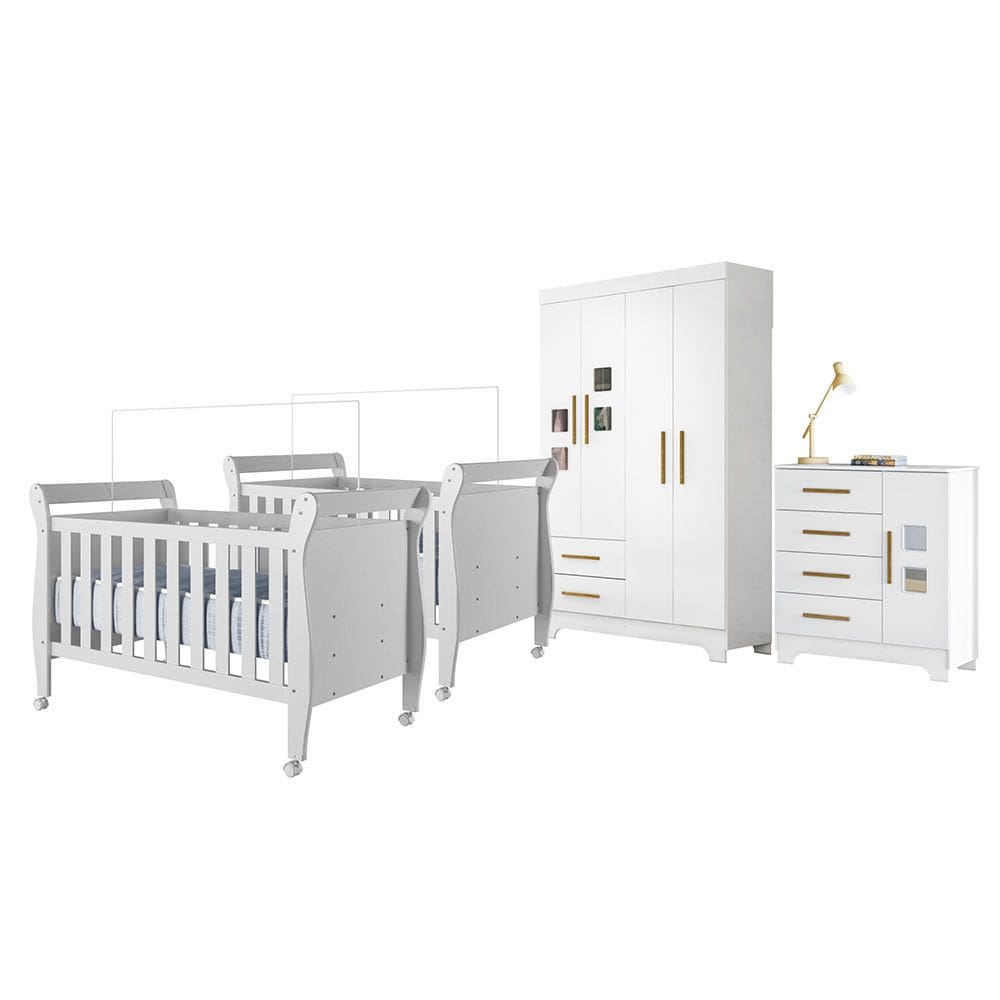 Quarto de Bebe Completo Gemeos com Guarda-Roupa, 2 Bercos e Comoda Gael Tigus Baby