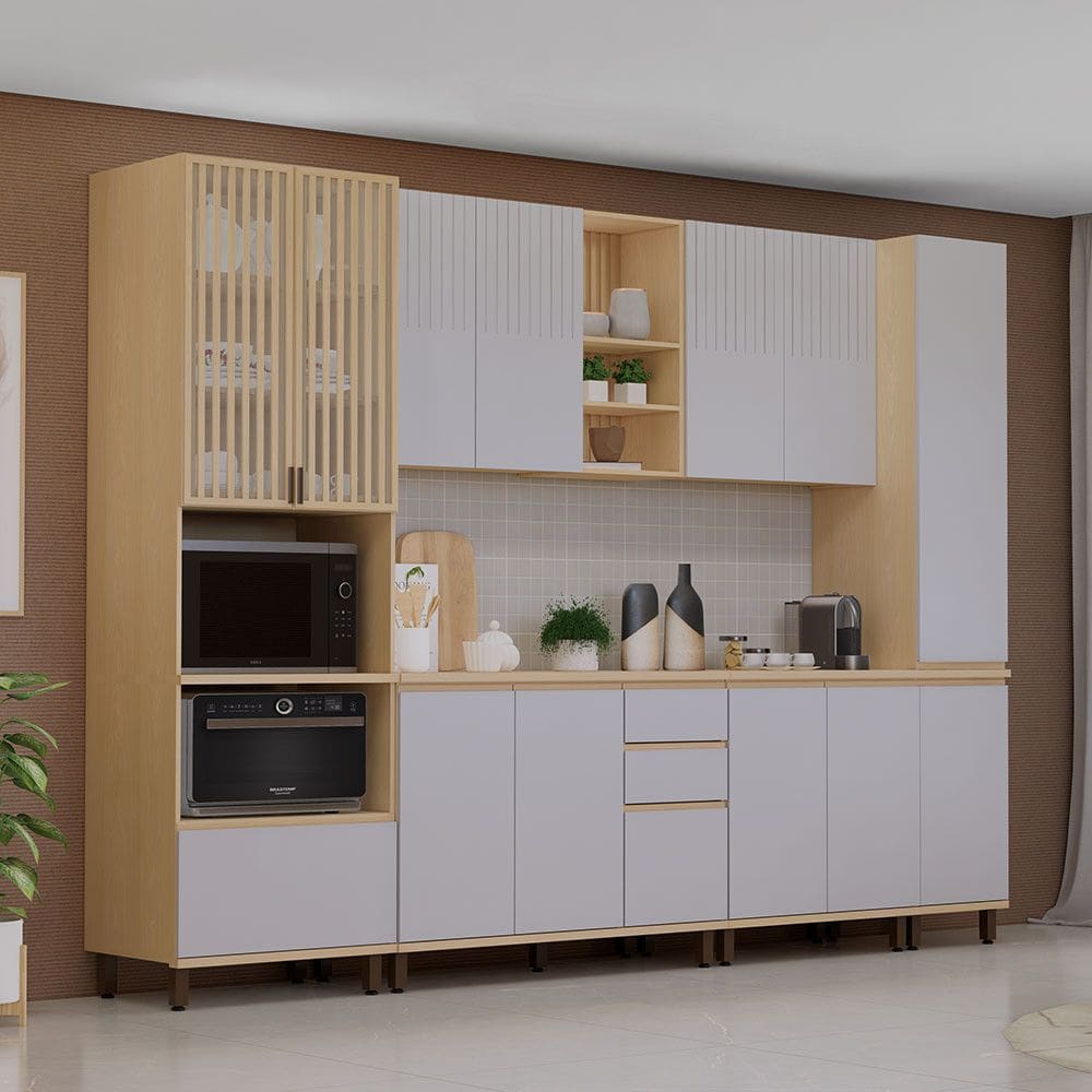 Cozinha Completa 100 MDF 6 Pecas com Espaco para Micro-ondas e Tampo 310cm Aura Luciane Moveis
