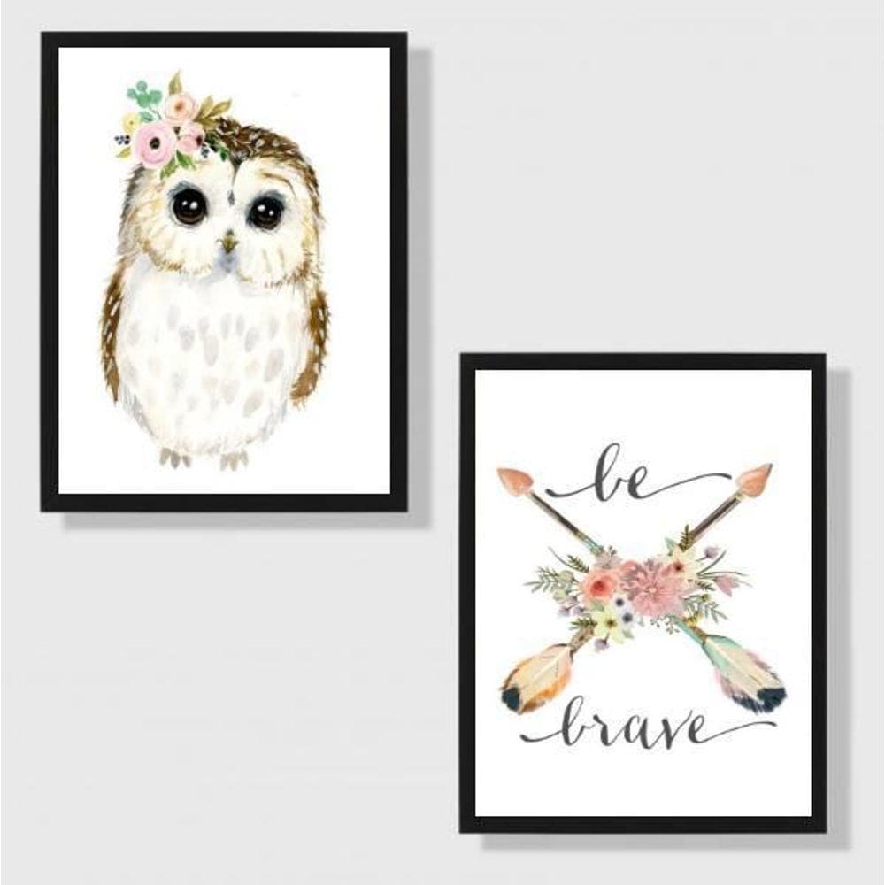 Kit 2 Quadros Corujinha Be Brave 33X24Cm - Com Vidro