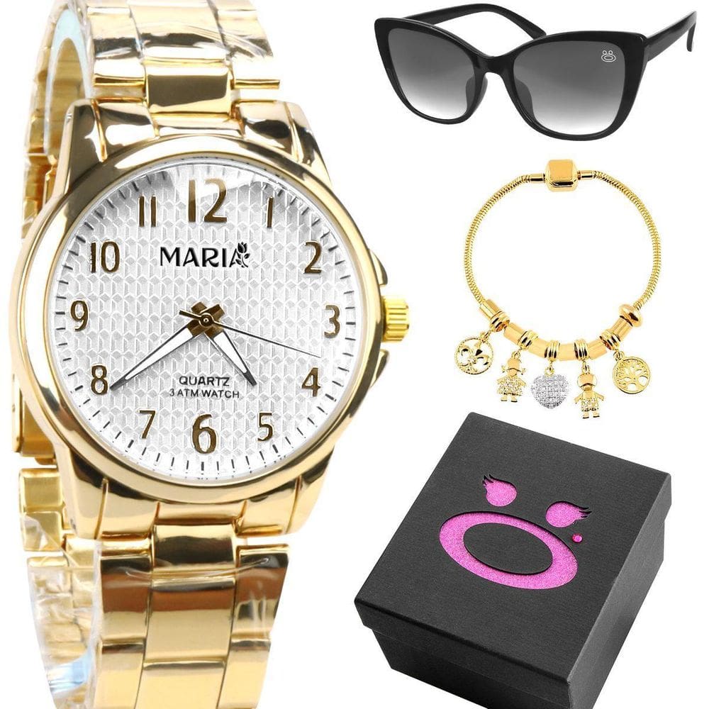 Relogio Feminino Aço Banhado + Caixa + Pulseira Casual