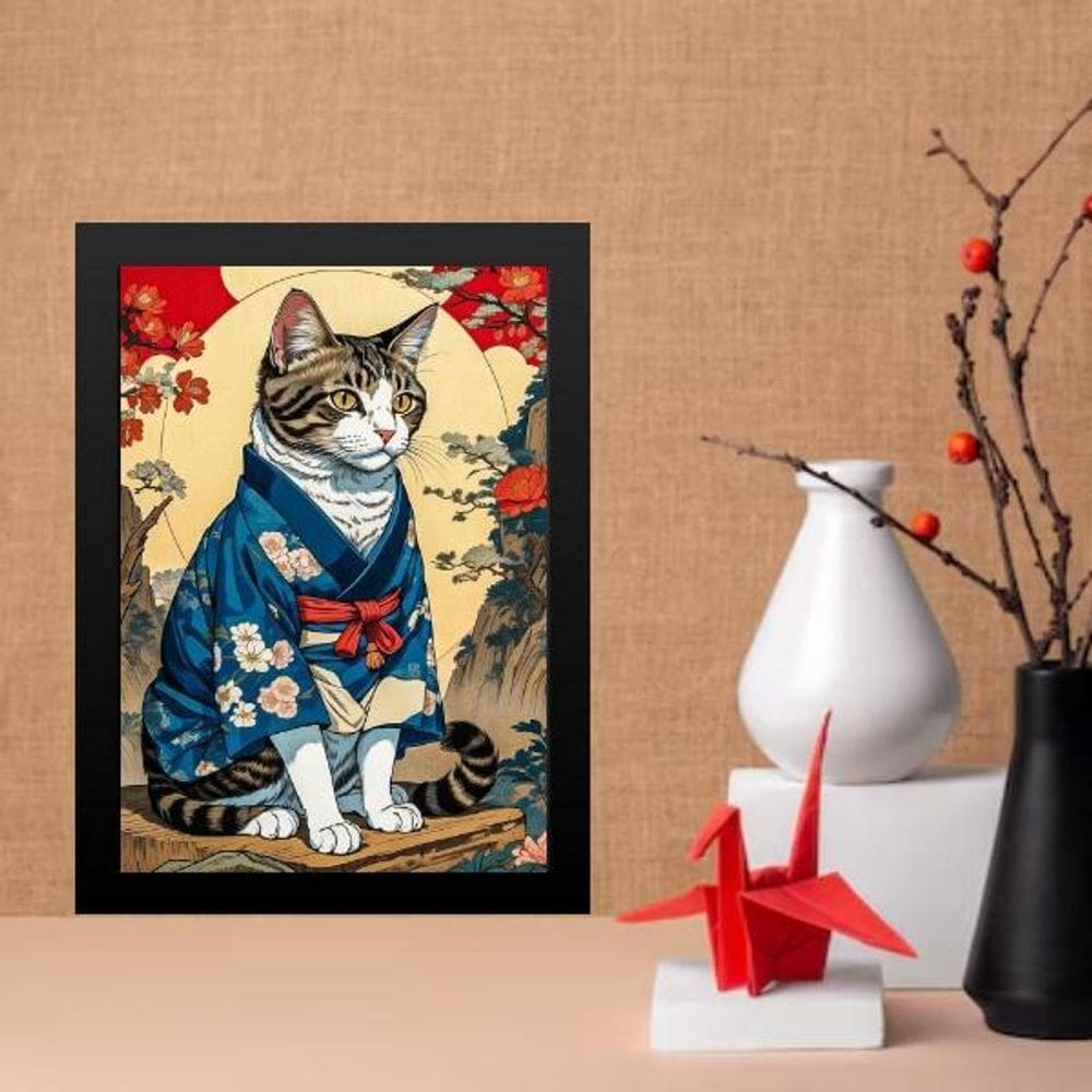 Quadro Decorativo Gato Com Kimono Oriental 33X24Cm