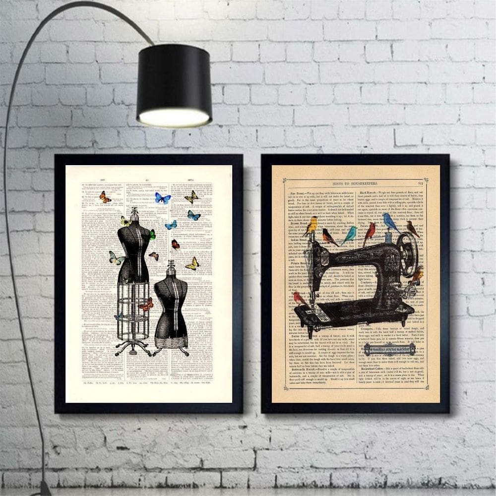 Kit 2 Quadros Atelier Costura Pássaros E Borboletas 33X24Cm