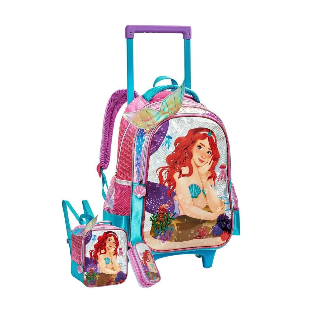 Kit Escolar Mochila Rodas Lancheira Térmica Estojo Sereia 3D