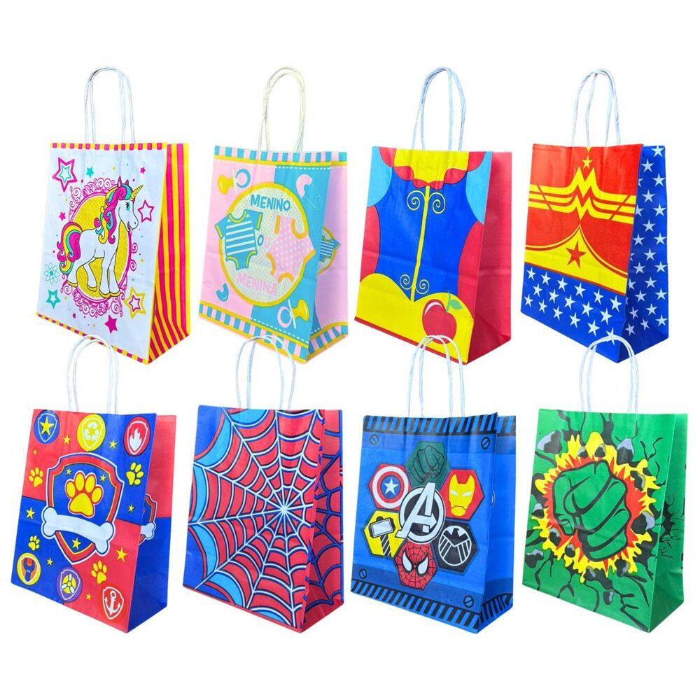 10 Sacola De Papel Super Heróis Princesa Personagens 18X9X22