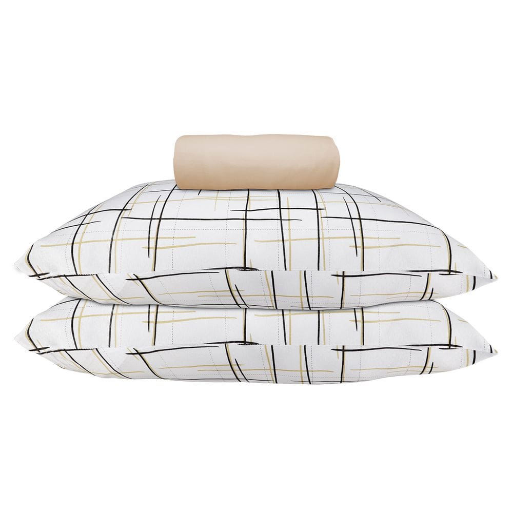 Jogo de Lençol KazzaVip Queen Malha 100% Algodão Lençol com Elástico Bruxelas 3 Peças Bege