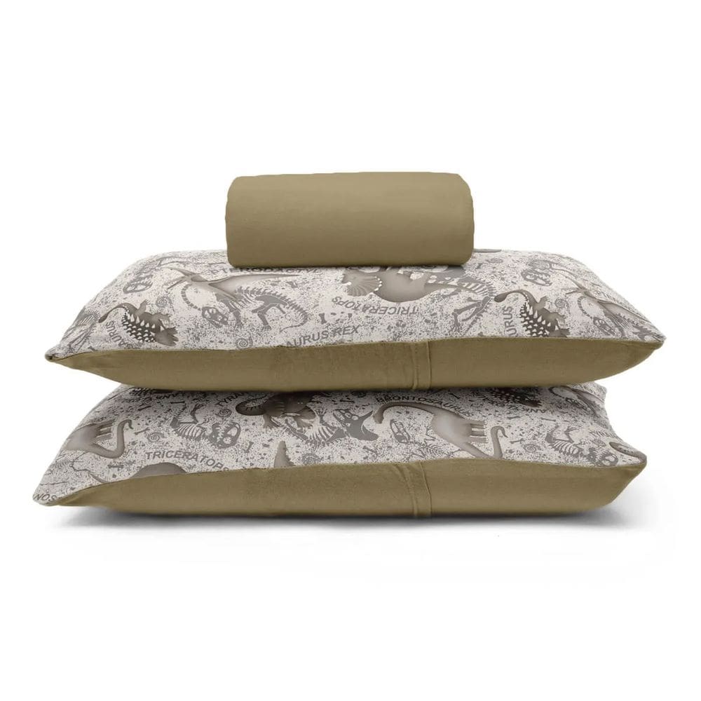Jogo de Lençol KazzaVip Casal Malha 100% Algodão Basic Dinossauros 3 Peças Bege