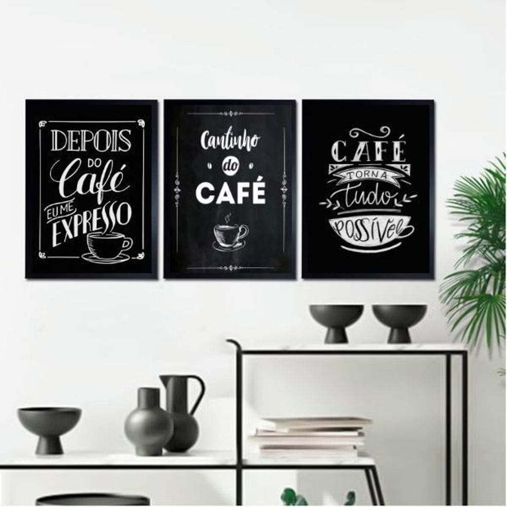 Kit 3 Quadros Café Tipografia Giz 45x34cm - Madeira Branca