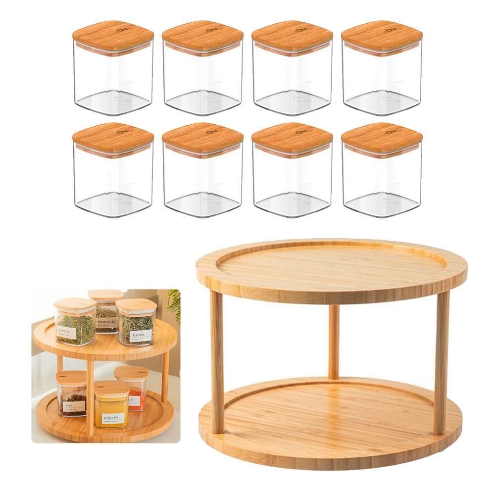 Kit Porta Temperos Giratório Bambu Com 8 Potes Herméticos