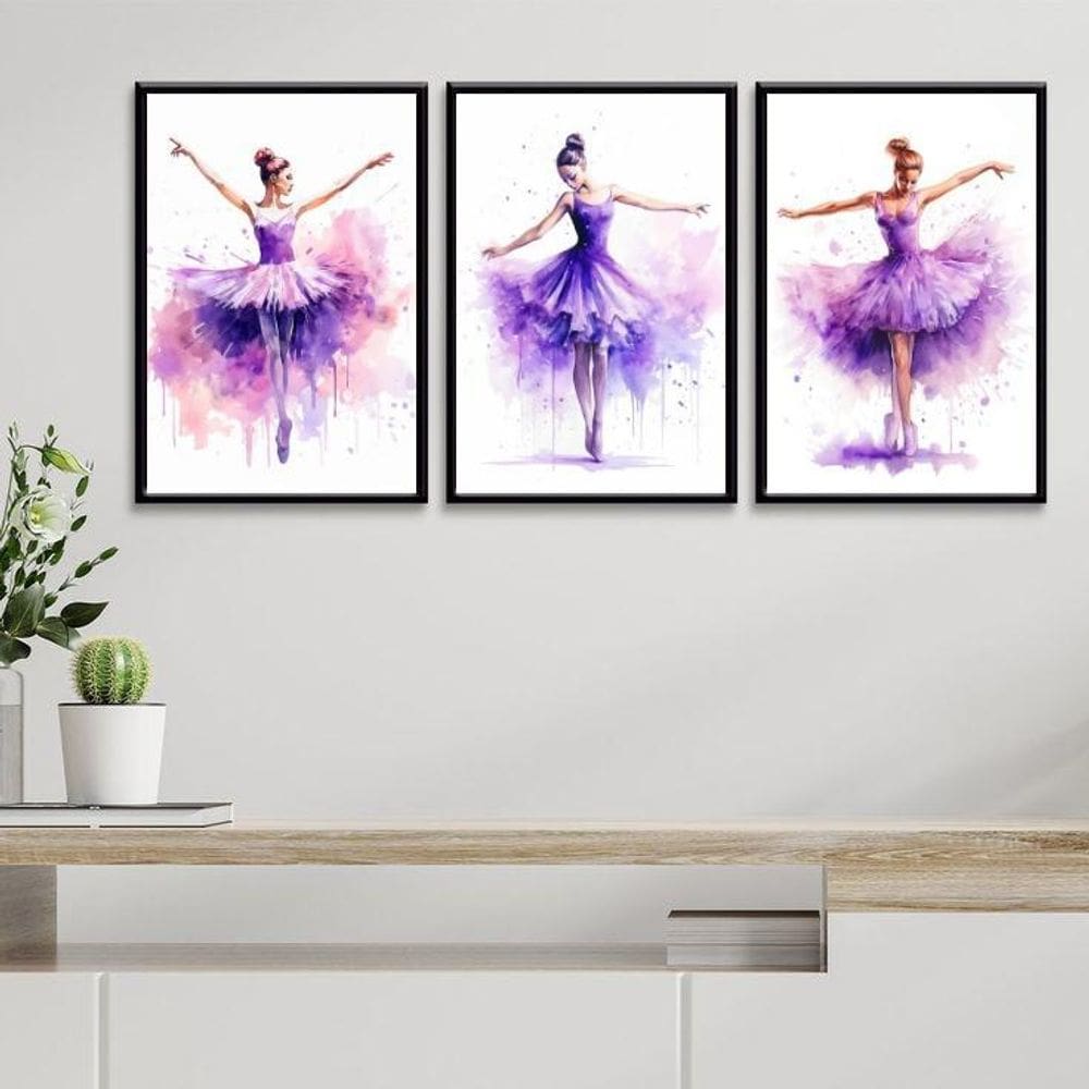 Kit 3 Quadros Bailarinas Lilás - Aquarela 24X18Cm