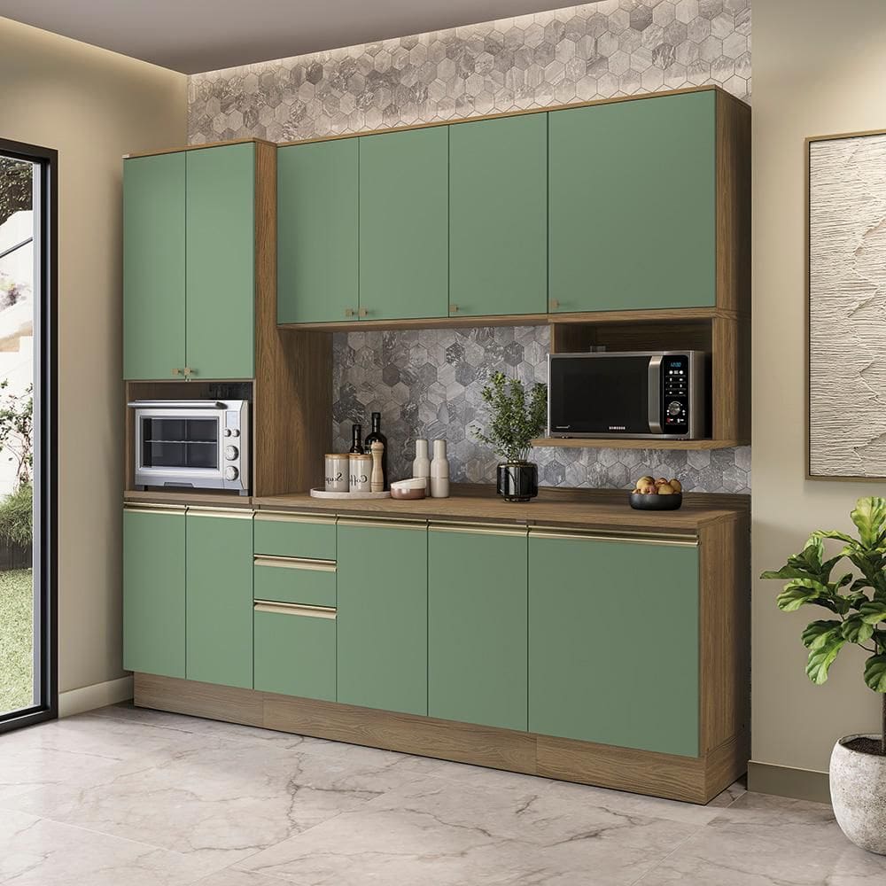 Armário de Cozinha Compacta Nicho Micro-ondas 100% MDF 250cm Nogueira/Verde Oliva Celeste Kappesberg