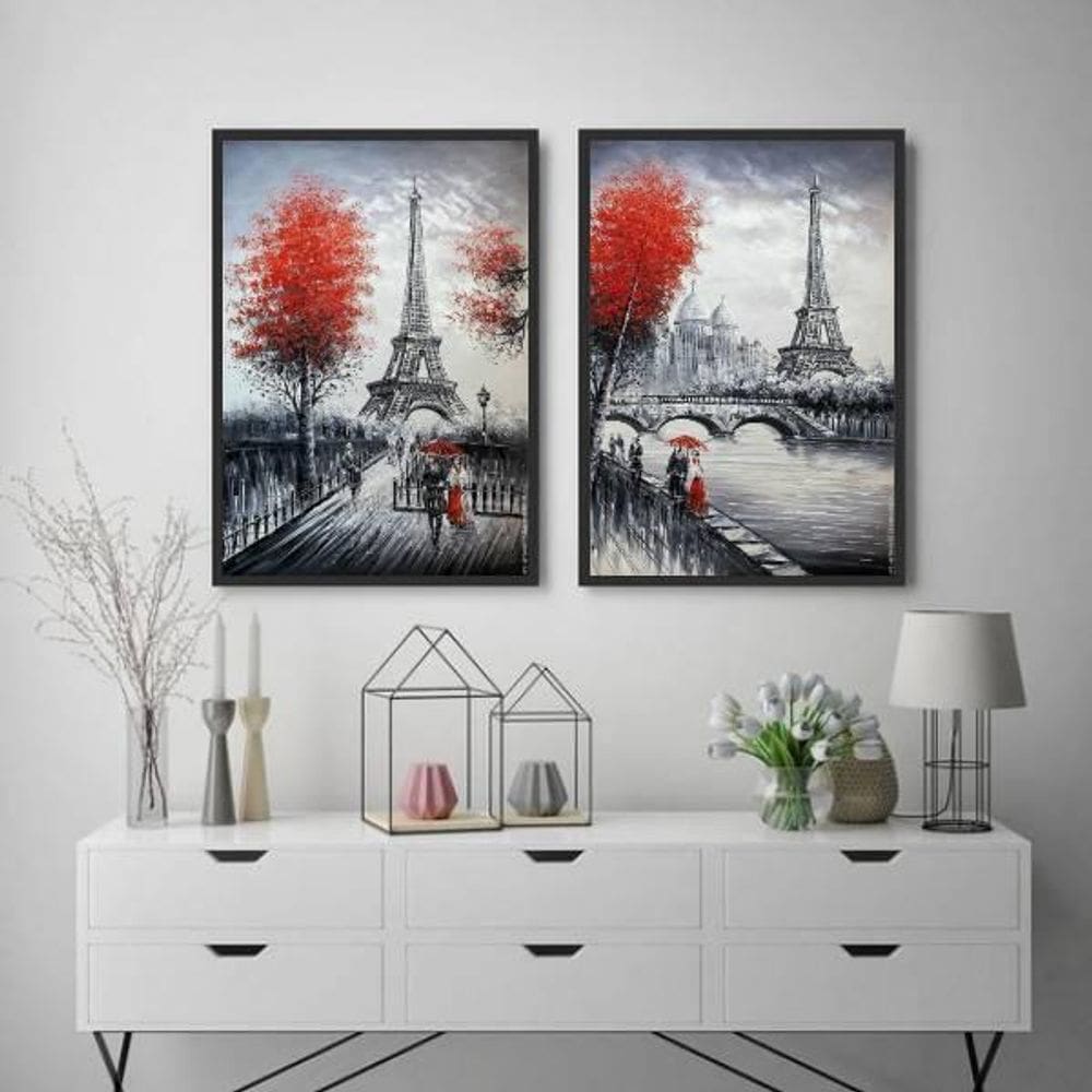 Kit 2 Quadros Figurativo Vintage Paris 24X18 Com Vidro Preta