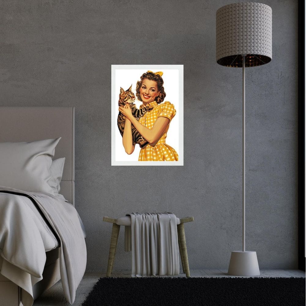 Quadro Decorativo Vintage Pin Up Com Gato 45X34Cm - Vidro