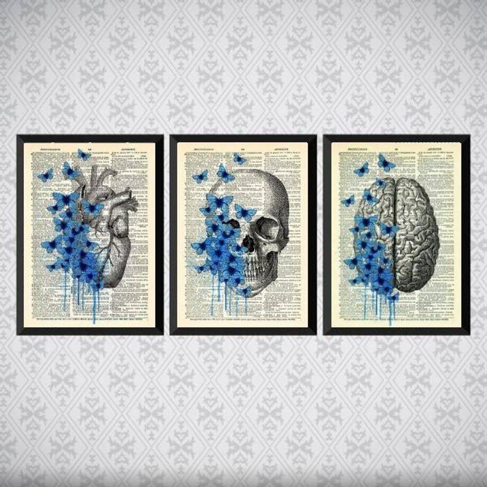 Kit 3 Quadros Psicologia Cérebro Coração 45X34Cm Vidro Preta