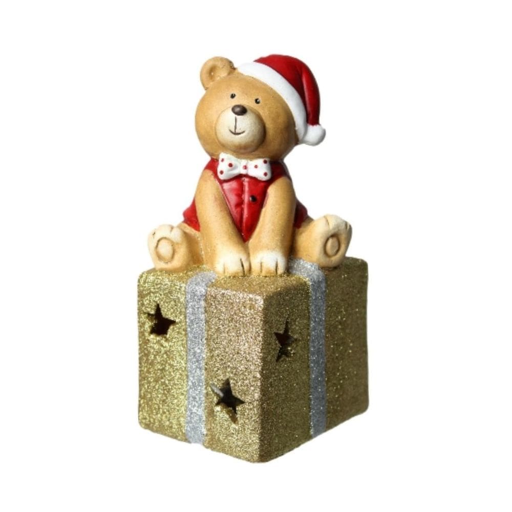 Caixa Presente Urso Natalino Glitter Dourado Iluminado Led