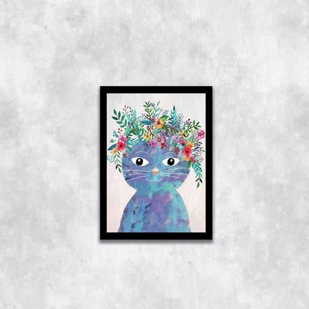 Quadro Ilustração Infantil Gatinha Azul 45X34 Vidro Preta