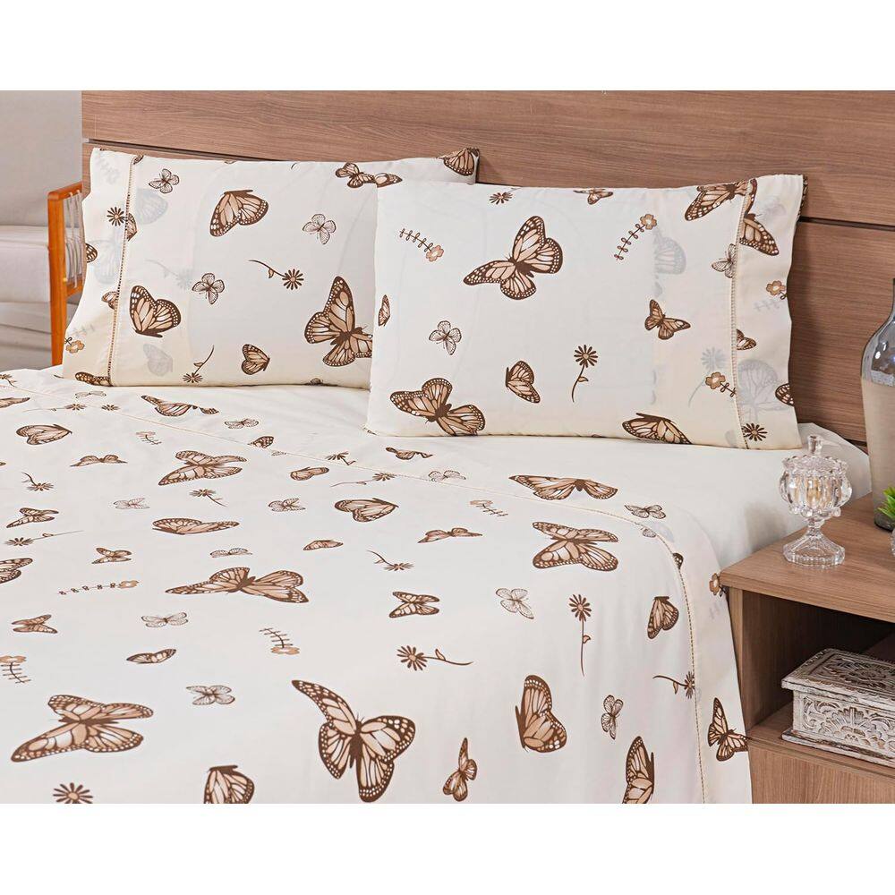 Jogo Lençol Viúva 4 Peças 203x120x35 100% Algodão 200 Fios Estampado Borboletas Cáqui Fundo Palha