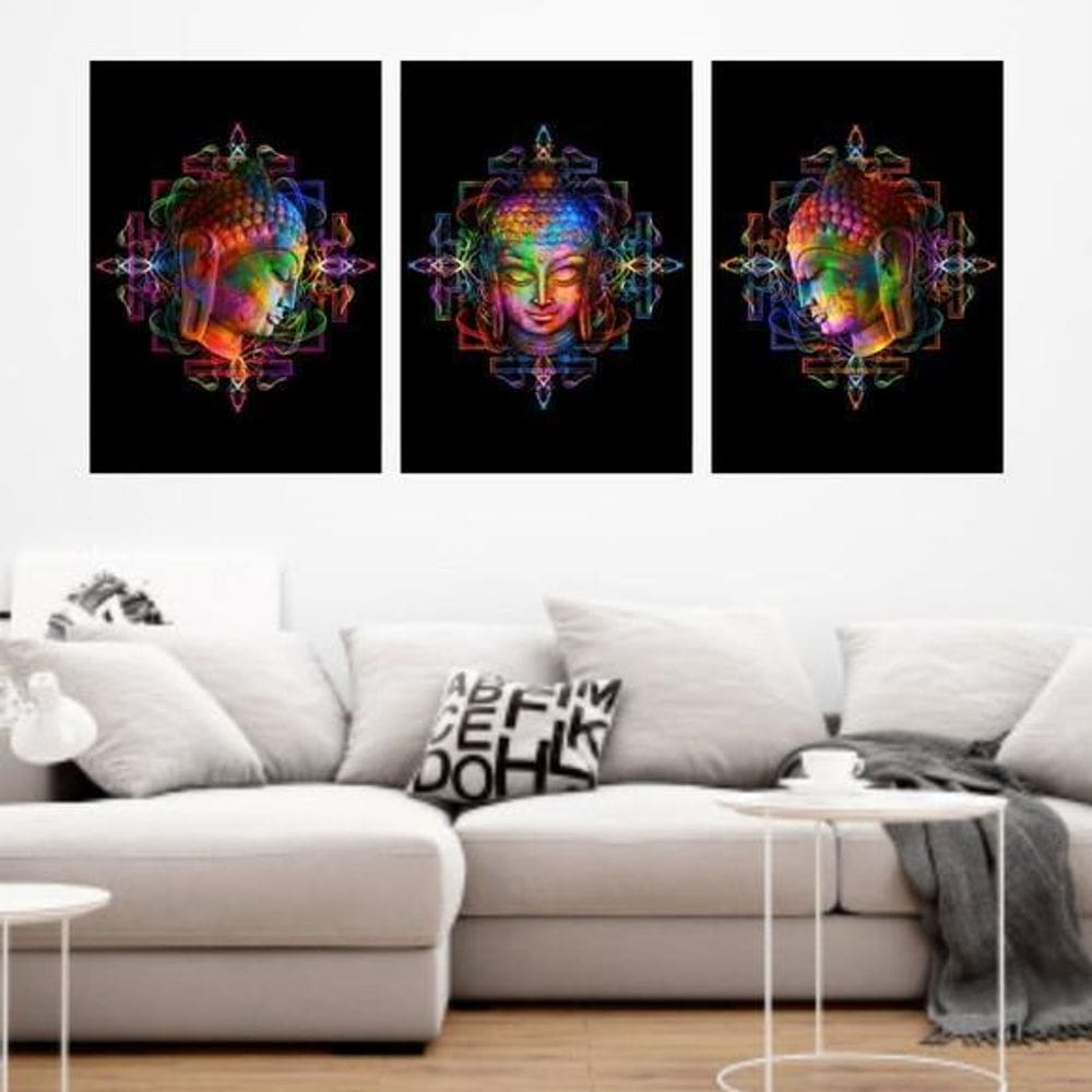 Kit 3 Quadros Buda Colorido Mandala 60X40Cm Moldura Preta