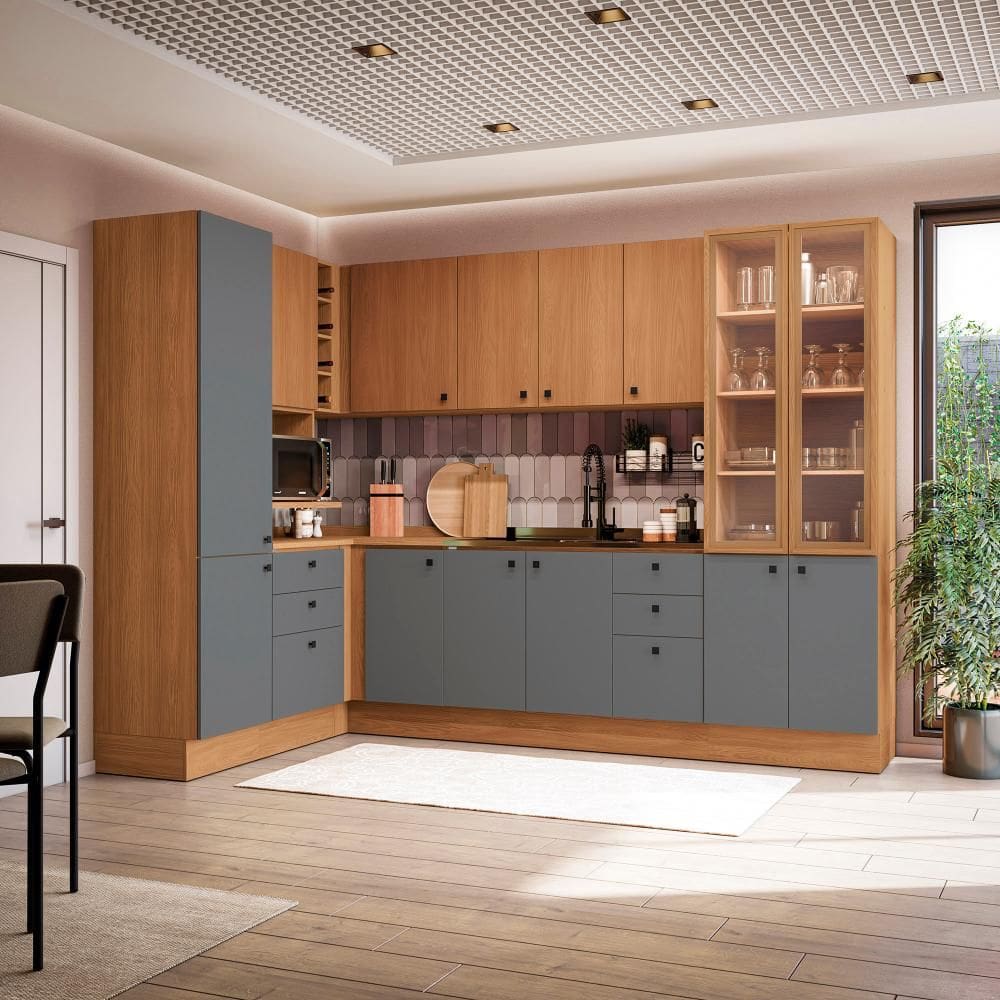 Cozinha Modulada Pixel Kappesberg 100% MDP Canela/Cinza Sagrado/Canela 456cm