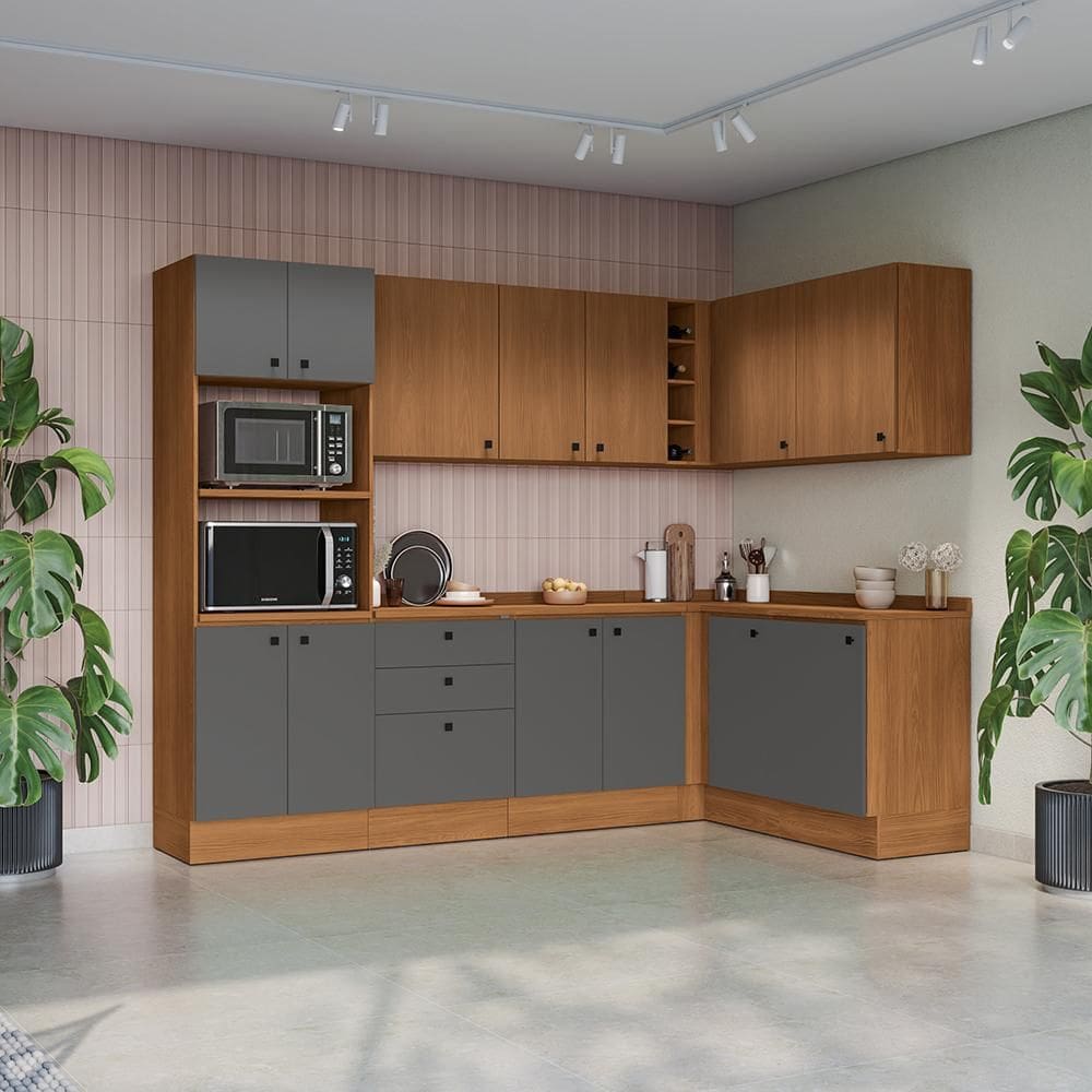 Cozinha Modulada Pixel Kappesberg 100% MDP Canela/Cinza Sagrado/Canela 427cm