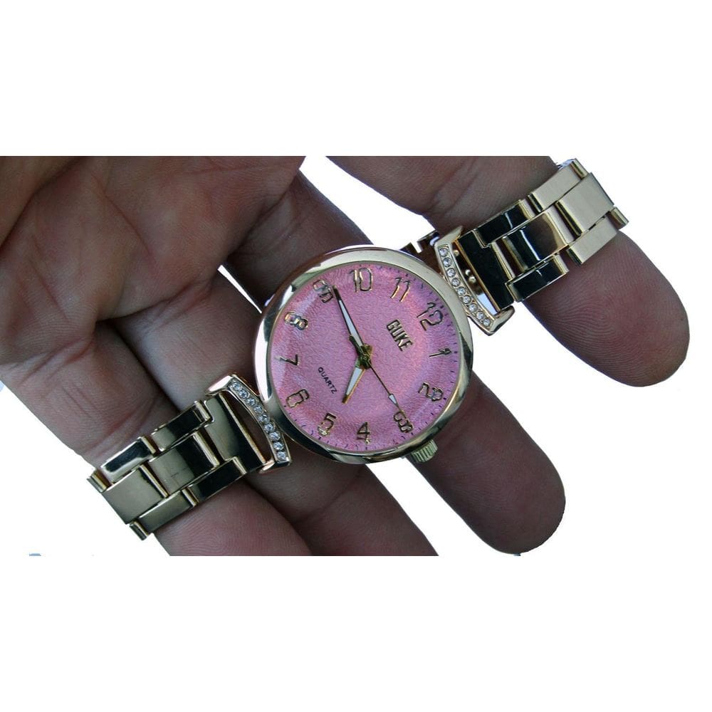 Relogio Feminino Dourado Quartzo Fundo Rosa