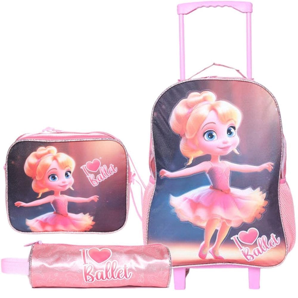 Kit Mochila Rodinha Estojo Lancheira Ballet - Rosa Claro