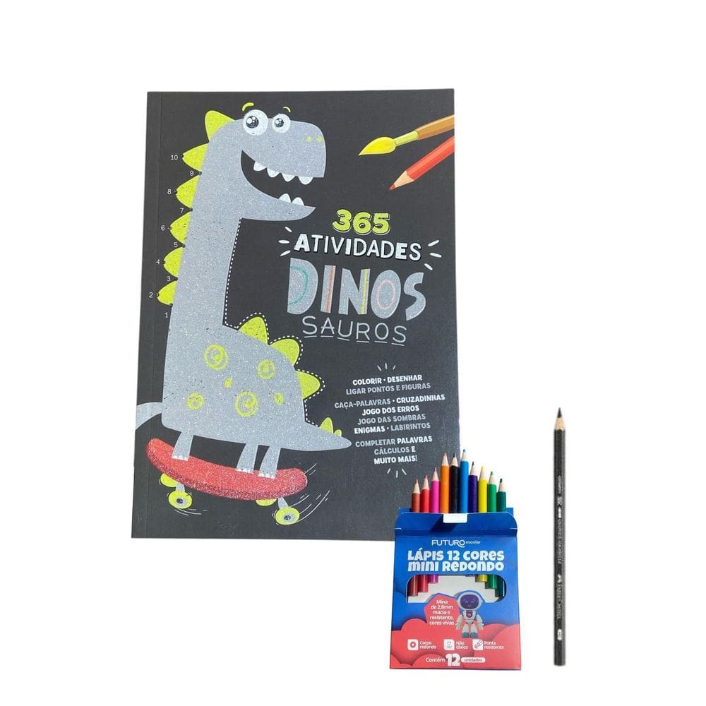 Kit Livro 365 Atividades Dinossauros +12 Lápis Cor +1 Lápis
